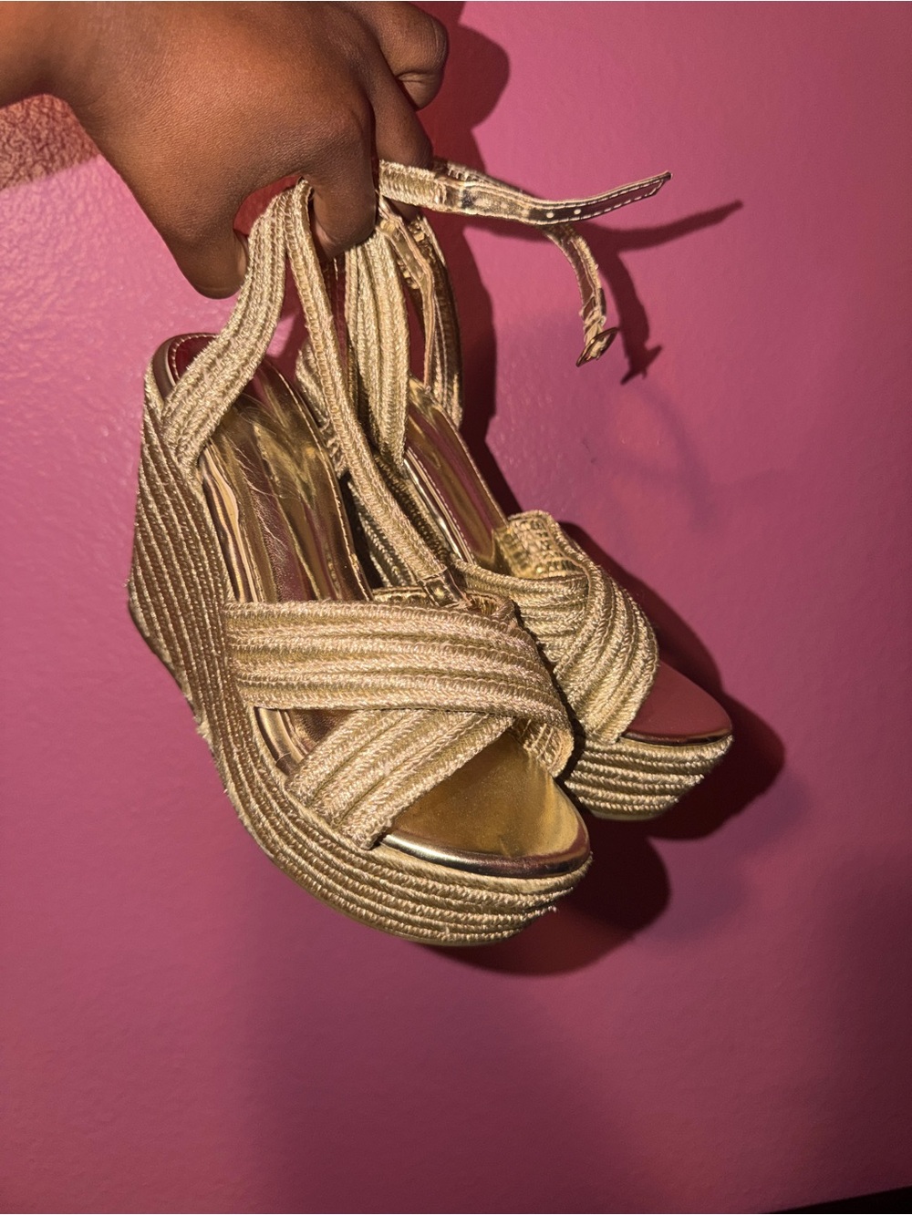 Gold Wedge Sandals with Ankle Tie - Women's Platform Heels